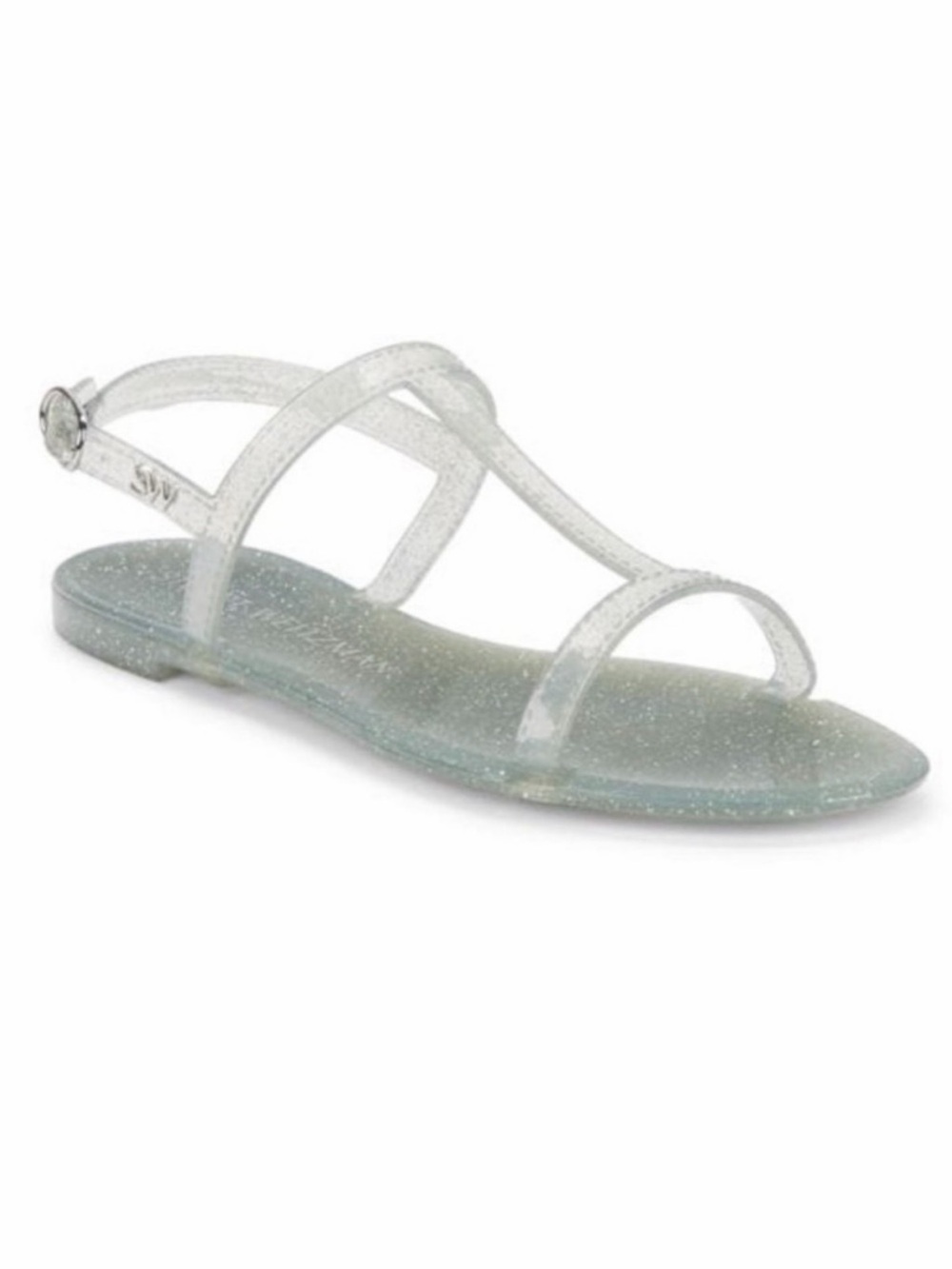 Stuart Weitzman Clear Glitter Jelly T Strap Flat Sandals